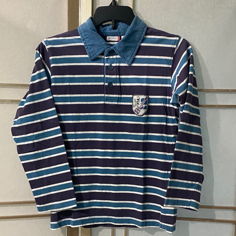 Rugby style, striped, long sleeve shirt. 
EU size 128 (~8 US size)